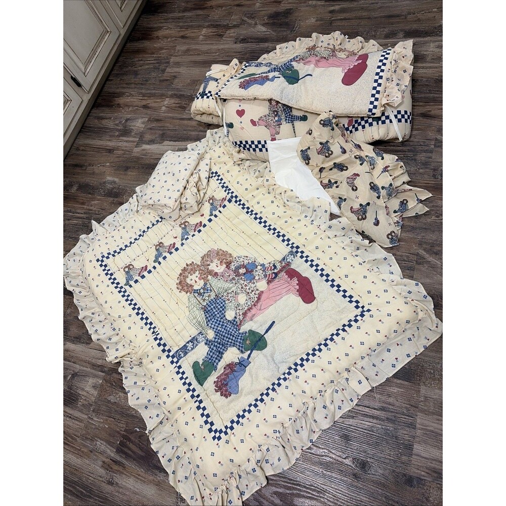 VTG Raggedy Ann Andy Baby Quilt Blanket Comforter Crib Set Bedding Baby Cottage
